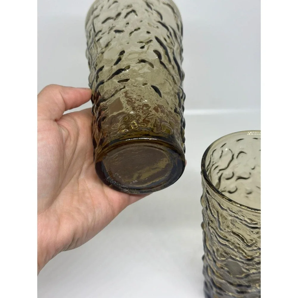 VTG Anchor Hocking Lido Milano Smoke Glass Tumblers Set Textured Bark Brown 5.5